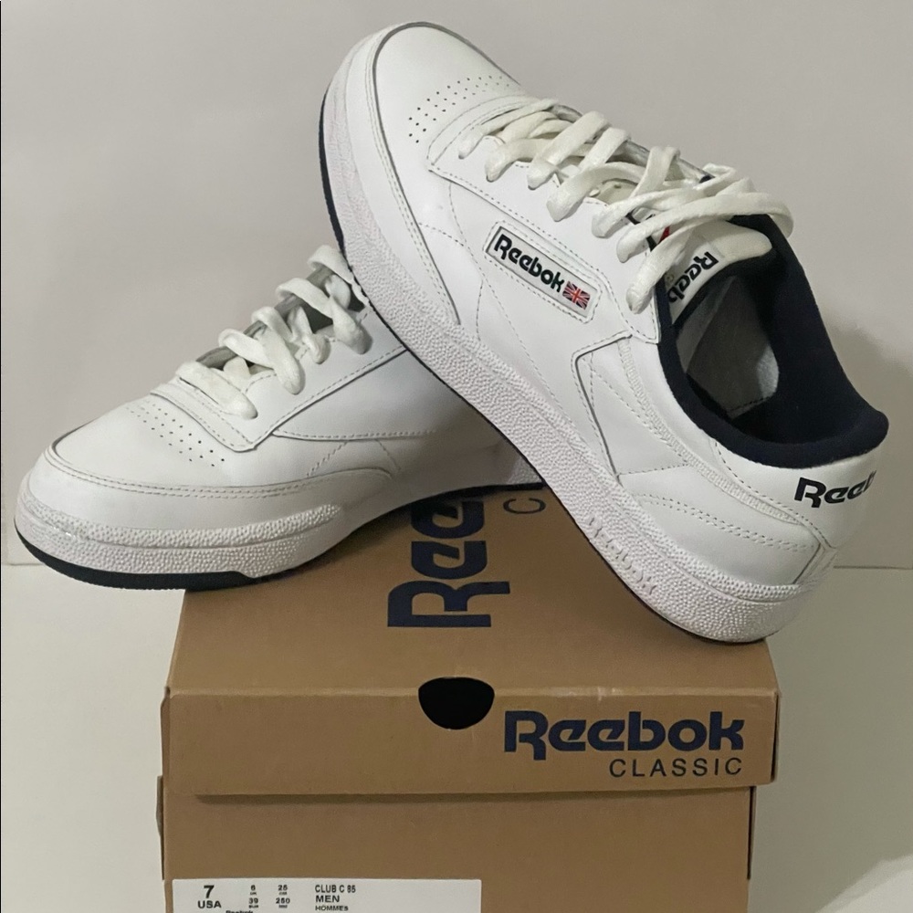 Reebok Classic Club C 85 White Leather Tennis Navy Accents US Men's